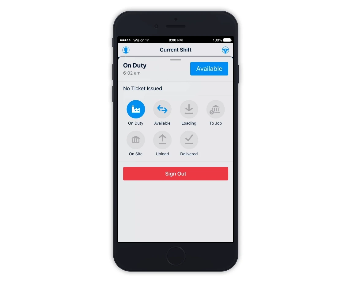 Drivers App - Sheet menu with process steps
